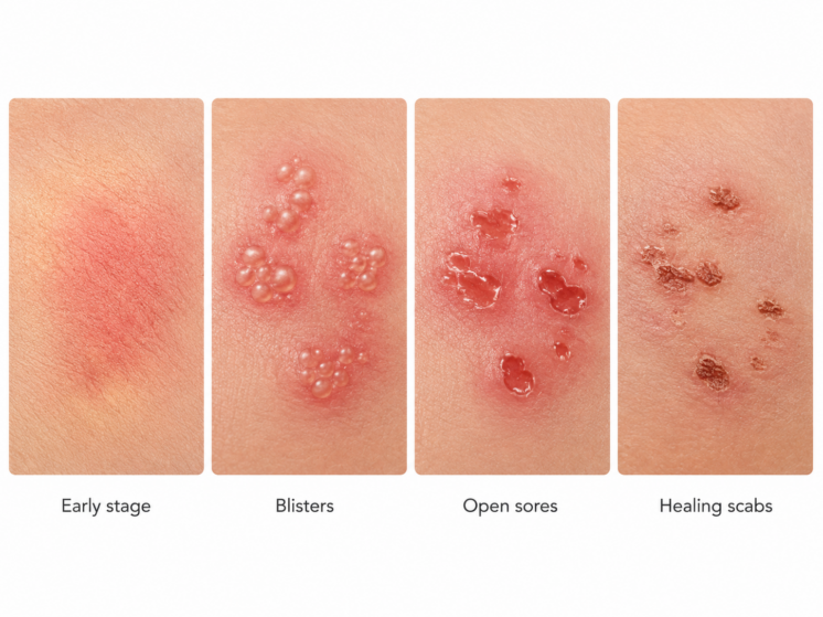 Medical illustration showing genital herpes from blister to healing sore.